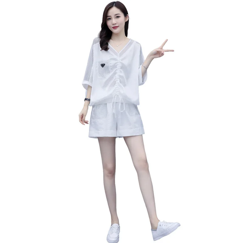 

Summer Women Set V Neck Hollow out Loose Short Sleeve Top Shirt And Biker Shorts Casual Two Piece Sets White Outfit black Suit