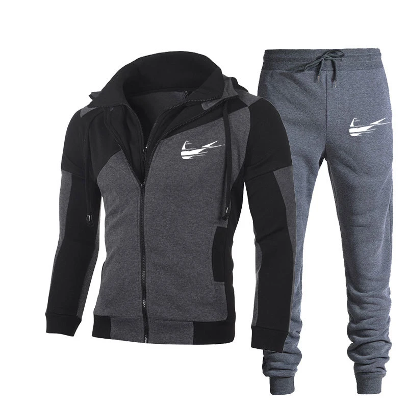 

2021 personality double zipper men's hoodie sportswear brand suit track suit men's casual fitness + cotton pants two-piece suit1