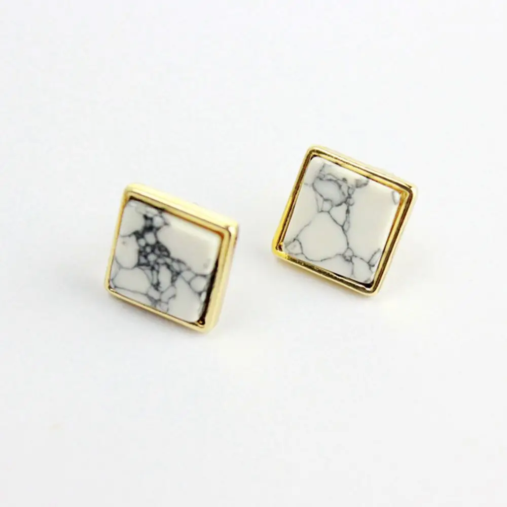 

Fashion Square Triangle Round Geometric Marbled White Natural Stone Resin Stud Earrings For Women Gift hypoallergenic