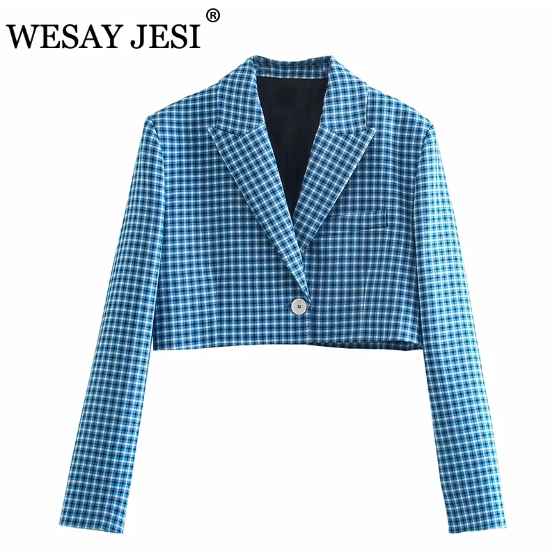 

WESAY JESI Women Blazers Suit Single Breasted Fitted Blazers Coat Vintage Short Sleeve Plaid Female Outerwear Chic Veste Femme