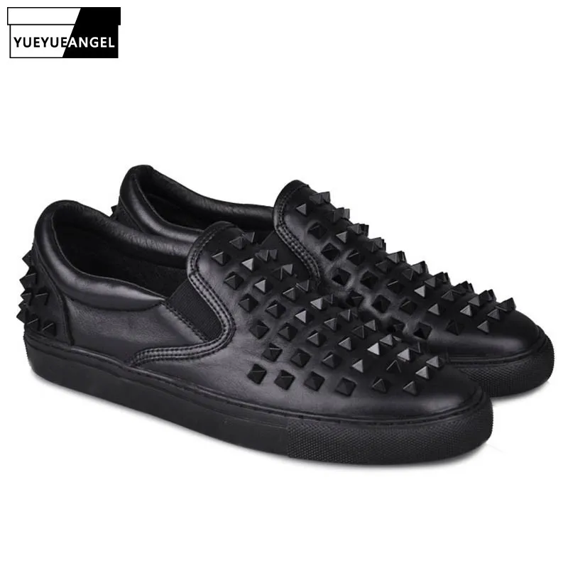 Мокасины мужские из натуральной кожи лоферы без застежки с заклепками