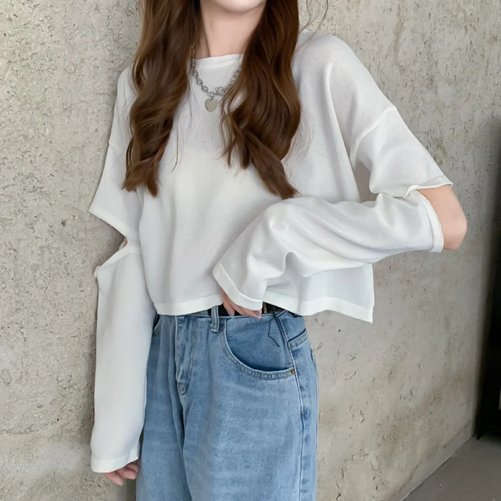 

Knitting Jumper Cropped Shirts Women O Neck Long Sleeve Ladies Short Pullover Women's Hollow Out Tops