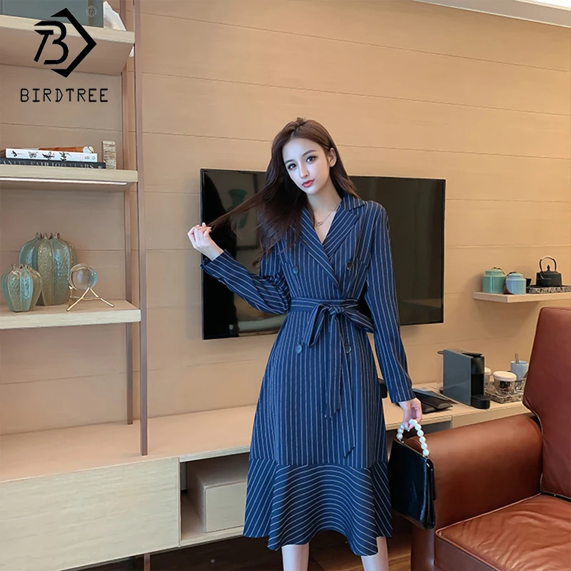 Новинка зимы 2019 женское винтажное платье в полоску лоскутное длинный рукав