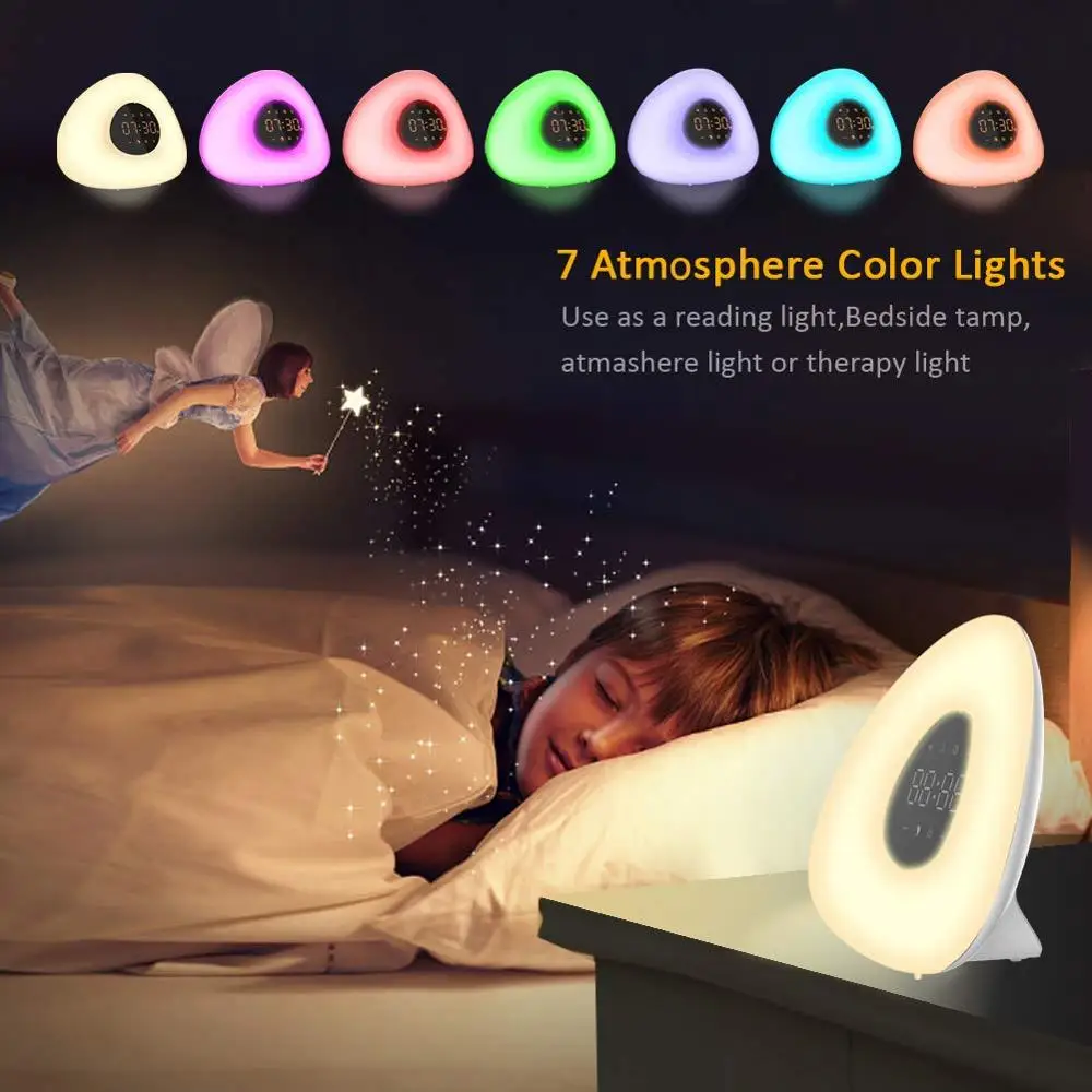 Alarm Clock Wake up Light Sunrise Sunset Simulation with 10 Nature Sounds 7 Colors Light Touch Control RGB Dimmable Night Lamp