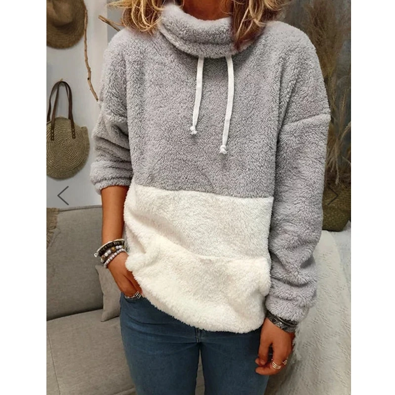 

Lugentolo Plush Hoodies Women Stitching Color Drawstring Keeps Warm Autumn Winter Csual Fashion Sweatshirt Women