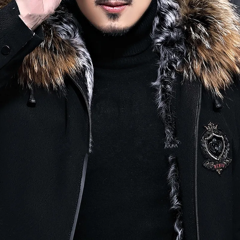 

Winter Jacket Natural Wool Coat Clothes Real Raccoon Fur Collar Warm Parka Men Short Overcoat LJ18F027 MY784