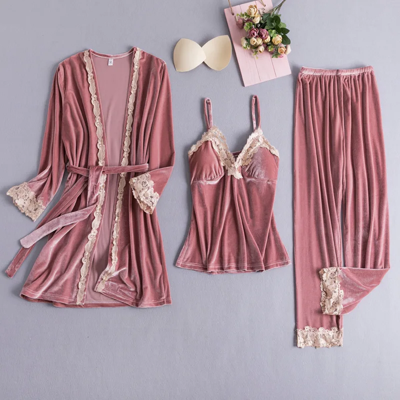 

Women Nightwear Warm 3PCS Lace Sleepwear Set Autumn Winter Pajama Suit Trim Nightwear Soft Home Wear Lingerie