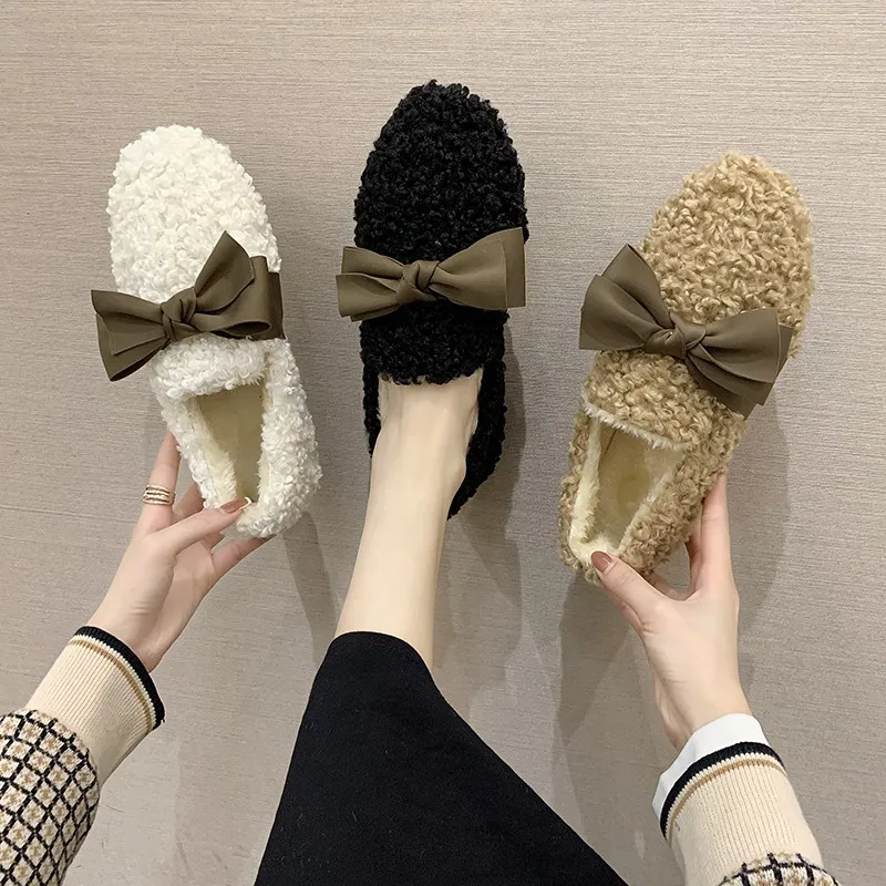 

2021 New Fashion Silk Bow-knot Fur Flats Woman Sneakers Winter Cotton Shoes Women Plush Loafers Curly Sheep Wool Moccasins Hot