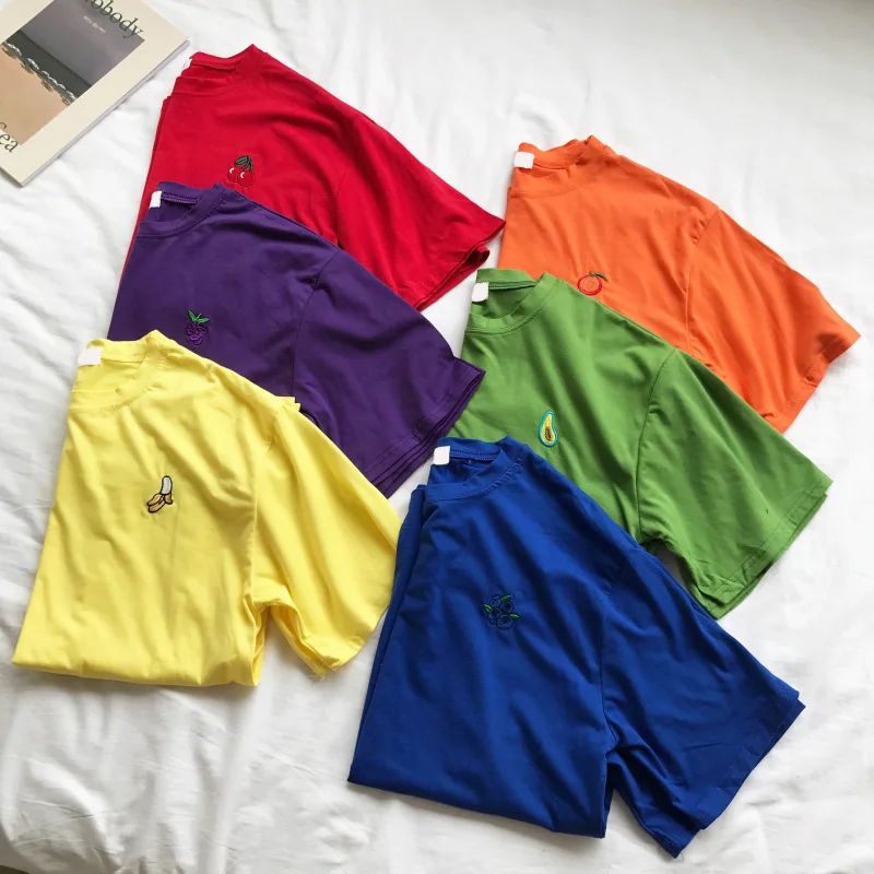 100% хлопковая футболка с вышитыми фруктами в Корейском стиле безразмерная