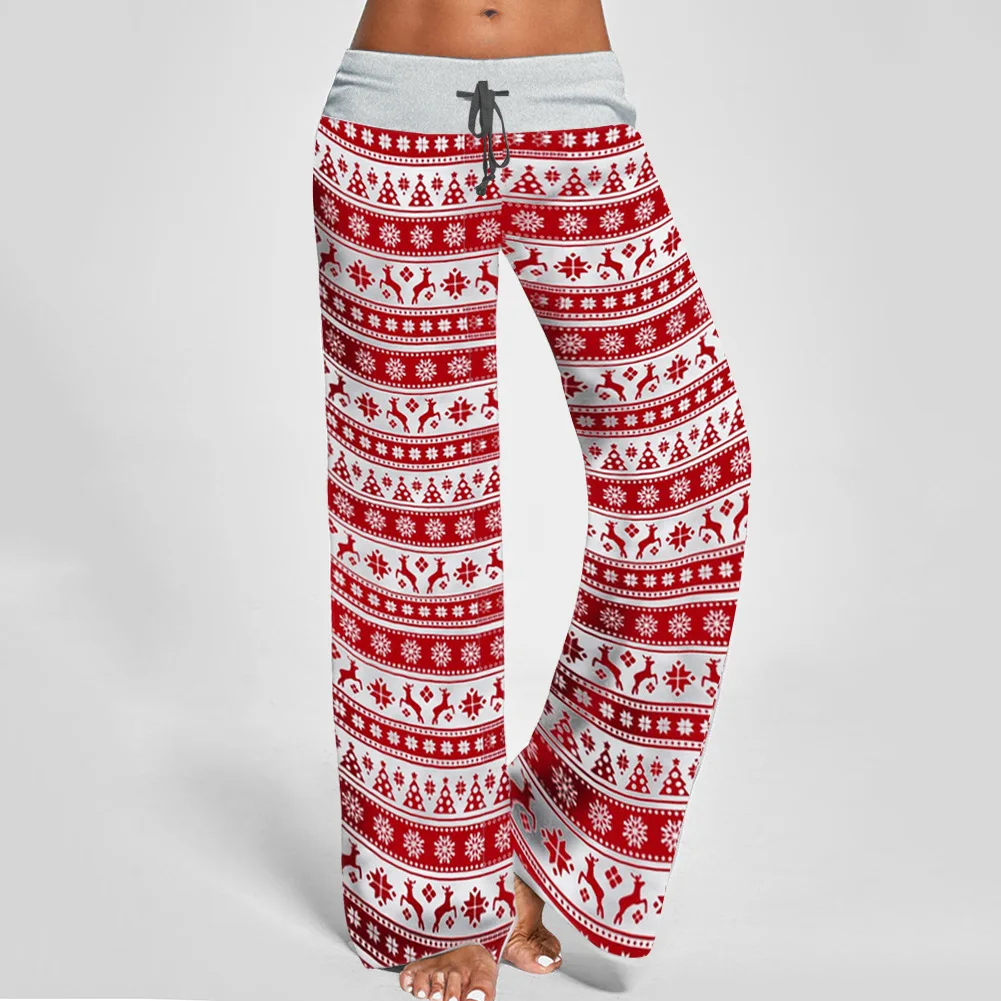 

Women's Lace-up Pants, High-Waist Wide-Leg, Floral Santa Elk Printed Casual Loose Wear Sports Sleeping Bottoms