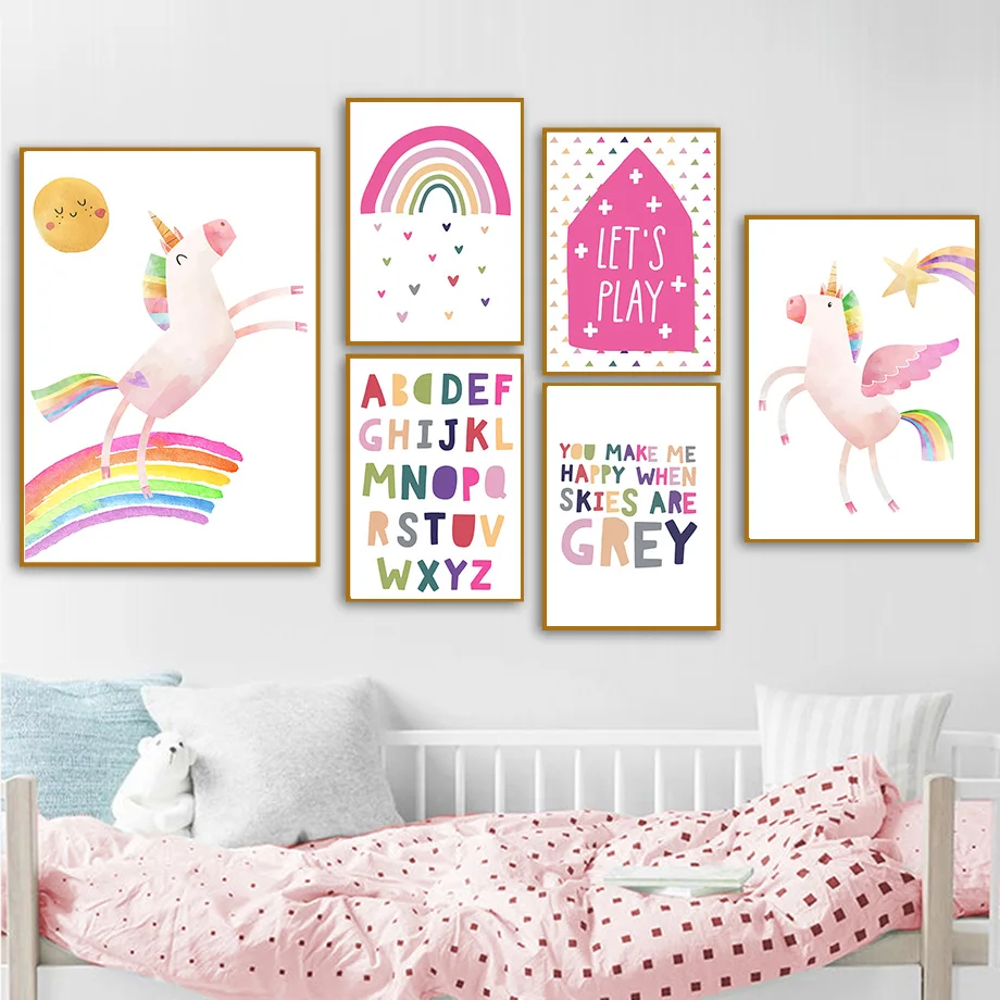 

Алфавит ABC, единорог, радуга, облако, холст, живопись, стены, Декор для дома, картины, детская комната, Декор