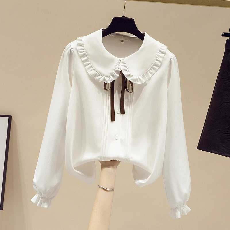 

Женская шифоновая блузка Missfansiqi, рубашка с длинным рукавом и воротником «Питер Пэн» с бантом, блузка для весны и осени