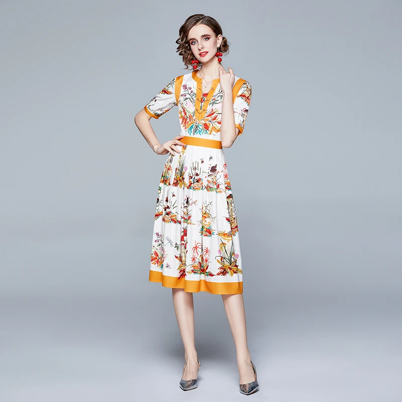 

2021 New Women Dresses Office Lady A-Line Print Half Mid-Calf Dresses Empire Party Night Women Elegant For Women Spring Dresses