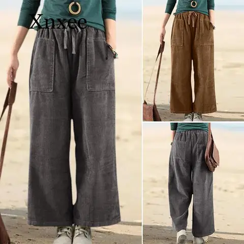Брюки женские вельветовые с широкими штанинами, укороченные брюки с эластичным поясом, повседневные свободные штаны в стиле Палаццо с резьбой, большие размеры 5xl