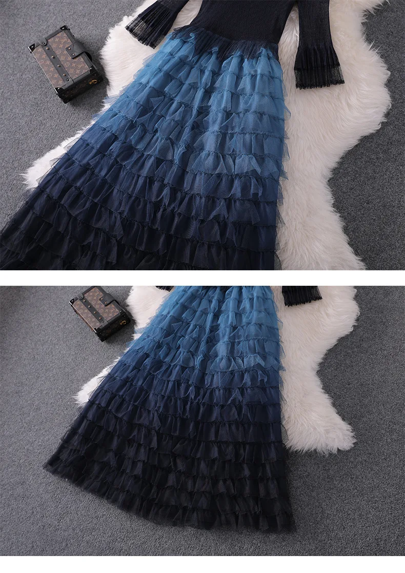 Women fashion autumn winter ruffles dress lace inset falre sleeve fit and flare cute dresses new blue