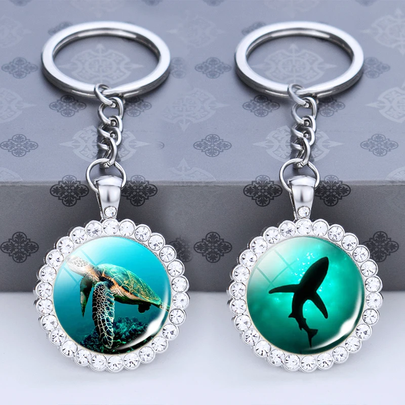 

Turtle Starfish Shark Jellyfish Dolphin Keychain Sea Animals Glass Cabochon Rhinestone Pendant Bling Jewelry Women Keyring