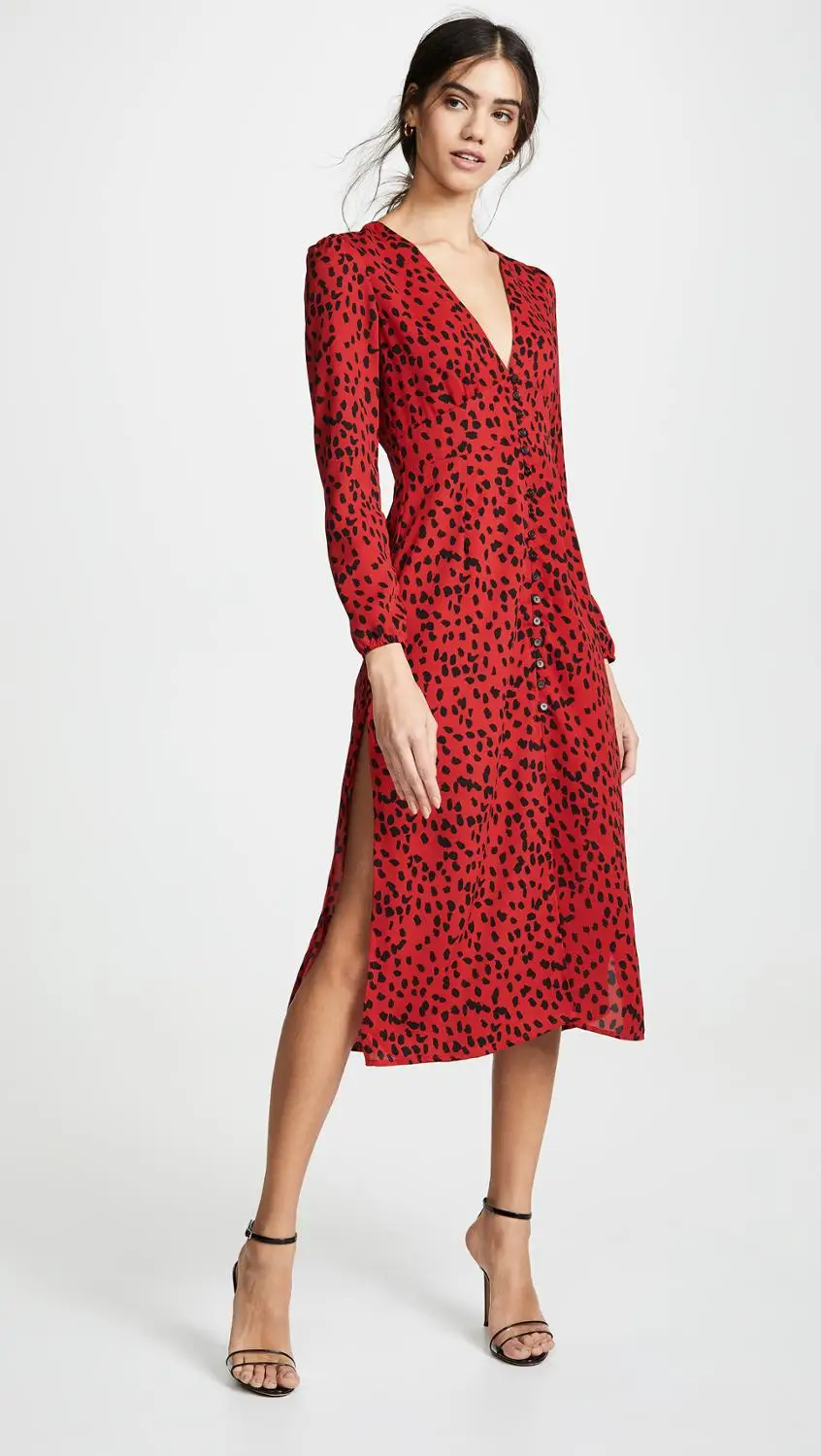 Женское платье с высоким разрезом OUMEA весенне-летнее красное леопардовое