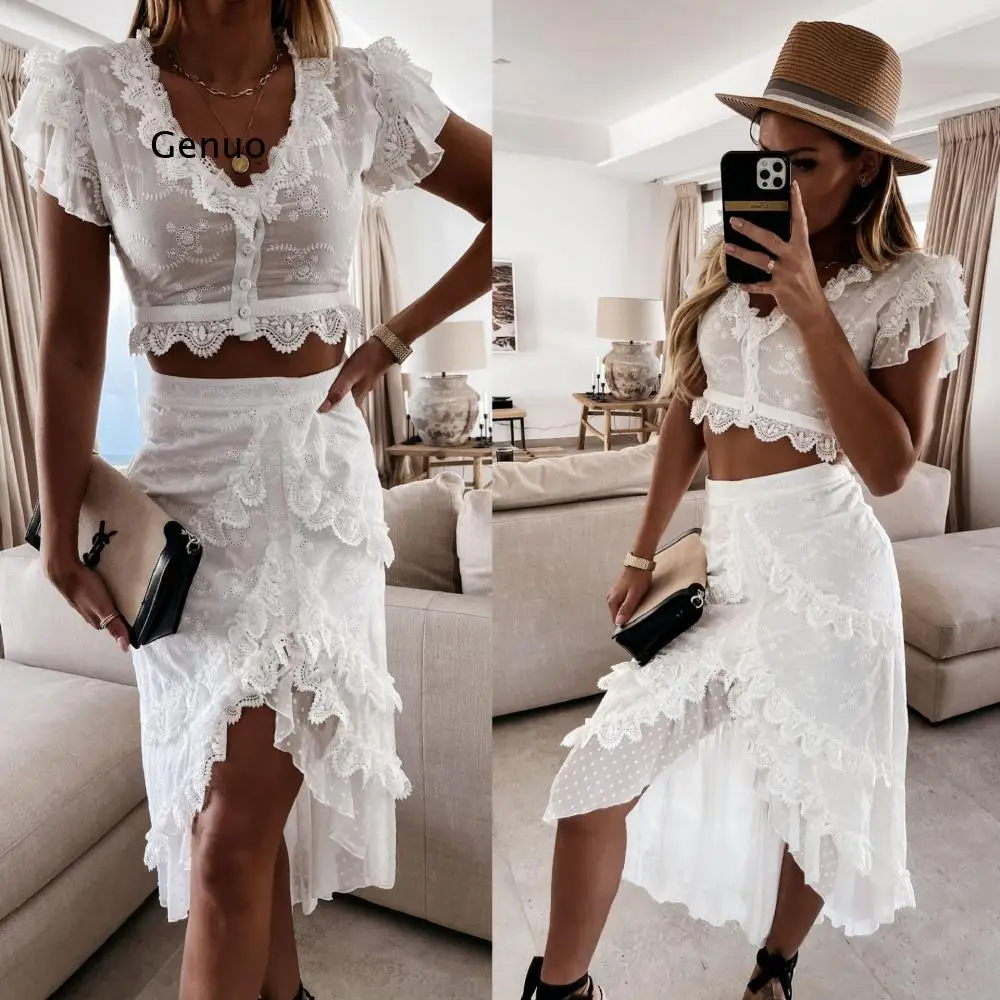 

Elegant Solid Embroidery Lace Women Set Fashion Ruffle V-Neck Tops and Irregular Skirts Suits Summer Ladies Two Piece Sets 2021