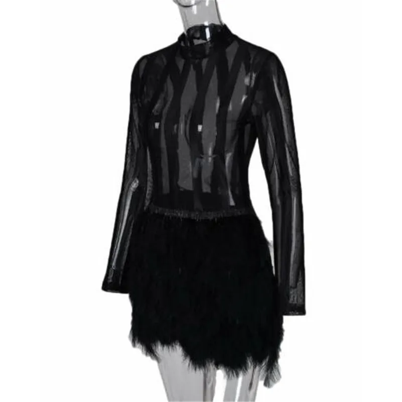 Женская черная сексуальная Сетчатая футболка бандажный облегающий Топ с длинным