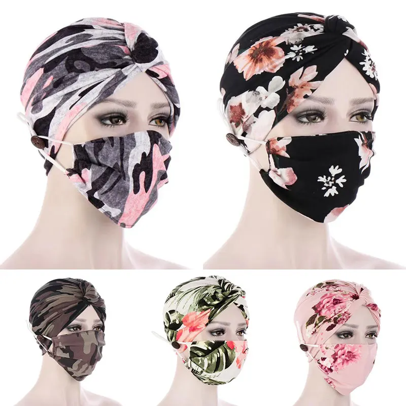 

Muslim African Bonnet Hats Women Turban Hat Masks Folds Round Sleep Hat Head Cover Resuable Twist Cap Headscarf Night Caps