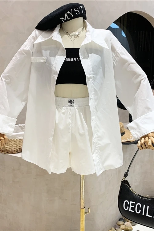 

Summer 2021 Korean Style Candy Color Long Sleeve Thin Type Sunscreen Shirt Wide Leg Shorts Two-Piece Casual Women