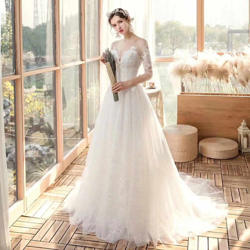 

Scoop Lace Half Sleeves Wedding Dress Tulle Robe Soiree Bride Half Sleeve Floor-Length Wedding Dresses Vestido De Noiva