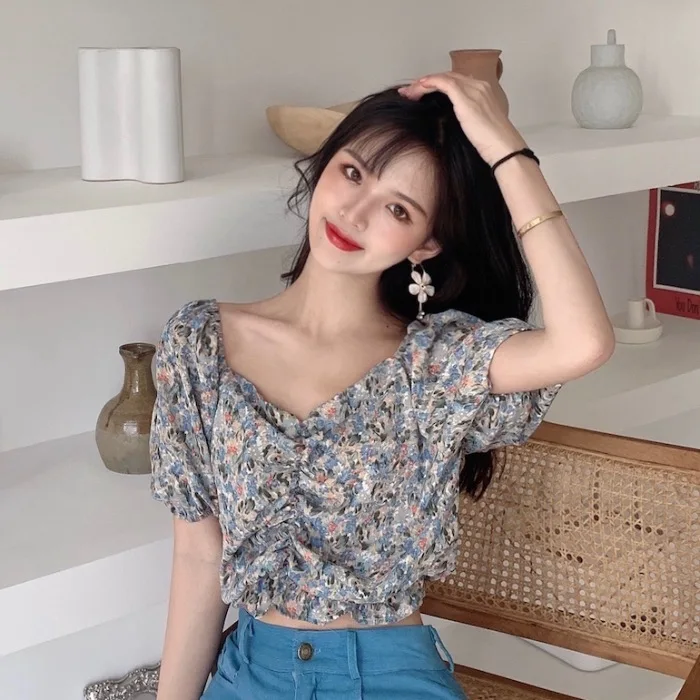 

Women's Floral Shirt with Puff Sleeves Retro Hong Kong Style Summer New Design Sense Niche T-shirt Shory Style Top