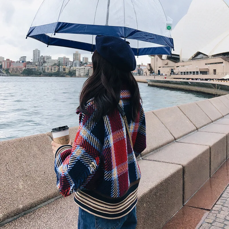 Свободное клетчатое пальто Харадзюку с кисточками и длинным рукавом Осень-зима