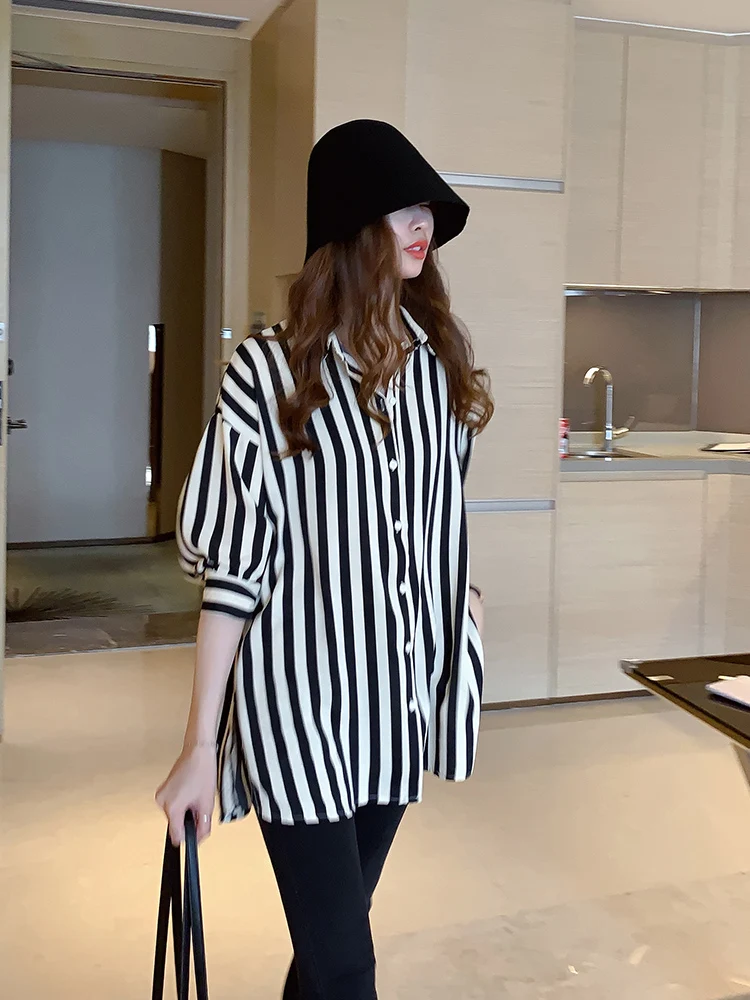

Polo Shirt Chiffon Loose Plus Size Women Blouses Fashion Stripe Buttons Long Sleeve Top New Casual Blouse Spring/autumn Houthion