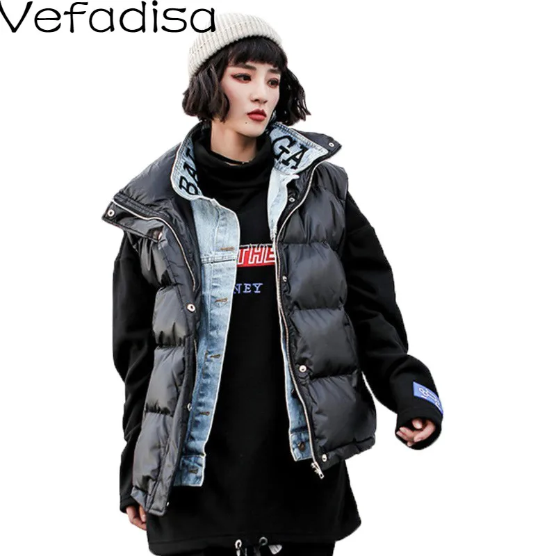 Vefadisa зимний поддельный из двух частей хлопковый жилет женский однотонный черный жилет без рукавов BF кардиганы жилет поддельные ковбойская куртка ZLD287