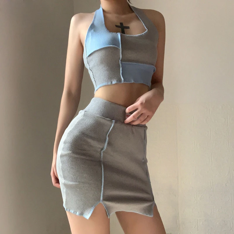 

Fashion Patchwork Sleeveless Halter Skinny Two Pieces Set For Women Sexy Backless Crop Top And Mini Bodycon Skrits Mujer