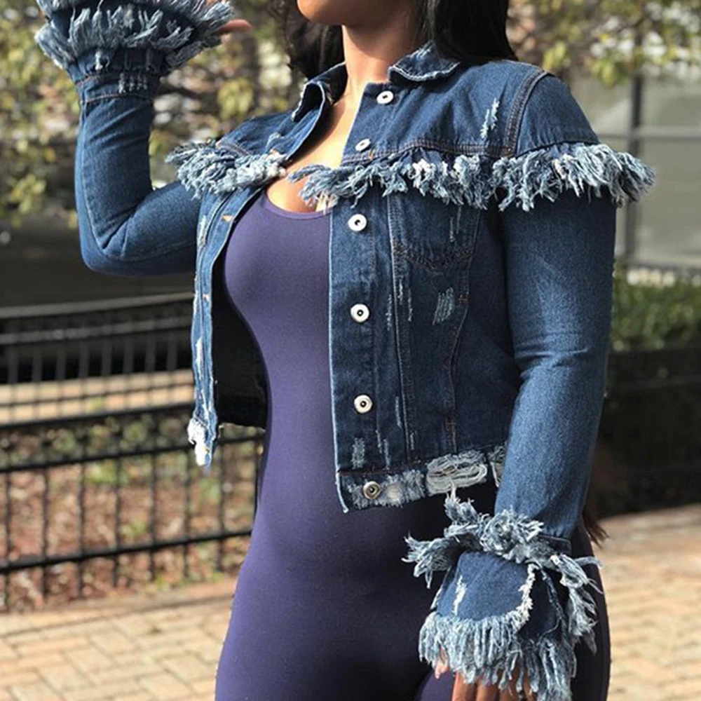 Женская джинсовая куртка с бахромой уличная одежда в стиле Харадзюку короткая
