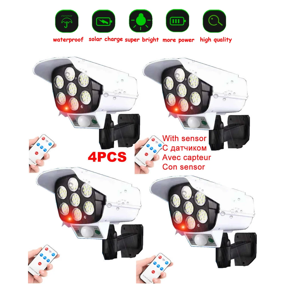 

4pcs remote solar fake monitor dummy camera Powered Wall Light Outdoor Waterproof PIR Motion Sensor lamps Park Courtyard Fence S