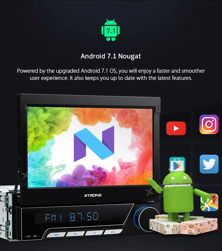 XTRONS 7-дюймовый автомобильный DVD-плеер T8 Octa Core Single 1 DIN Android 7 видео стерео радио с
