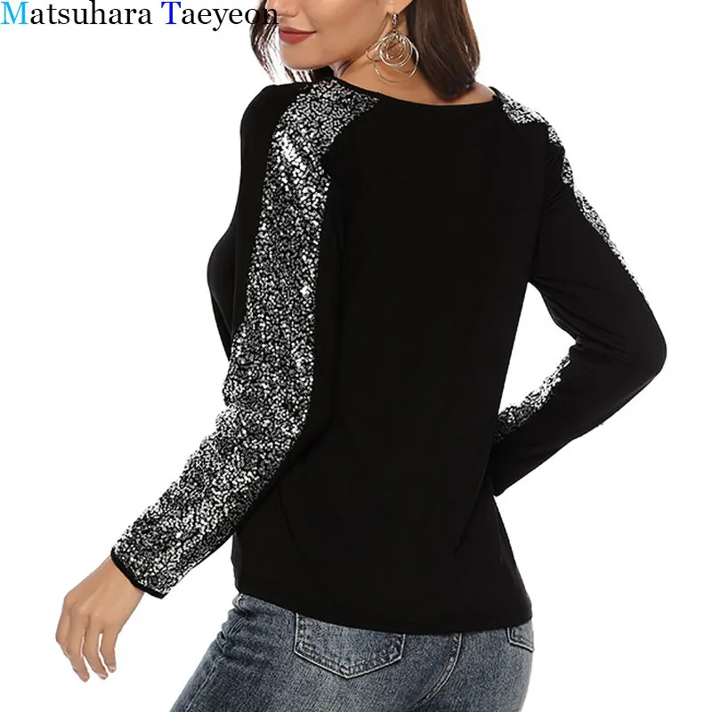 

Sequins Patchwork T Shirt Women Casual v Neck Long Sleeve T Shirt Fashion Splicing Autumn Women Clothes Tees Tops