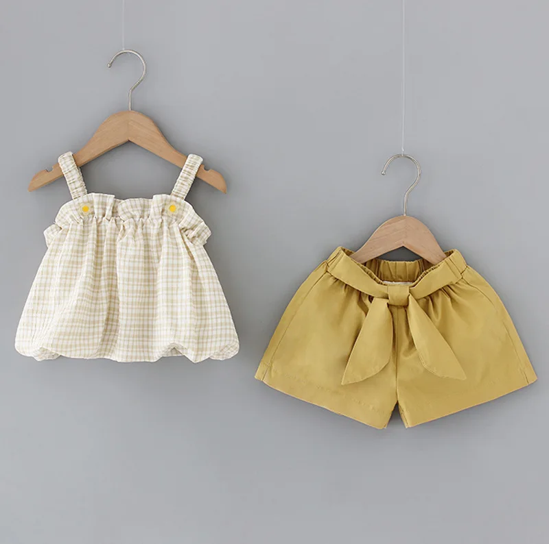 

2020 летняя одежда в клетку для малышей, без рукавов на бретельках + желтые шорты с бантом для маленьких девочек s платье для сладкой принцессы ...
