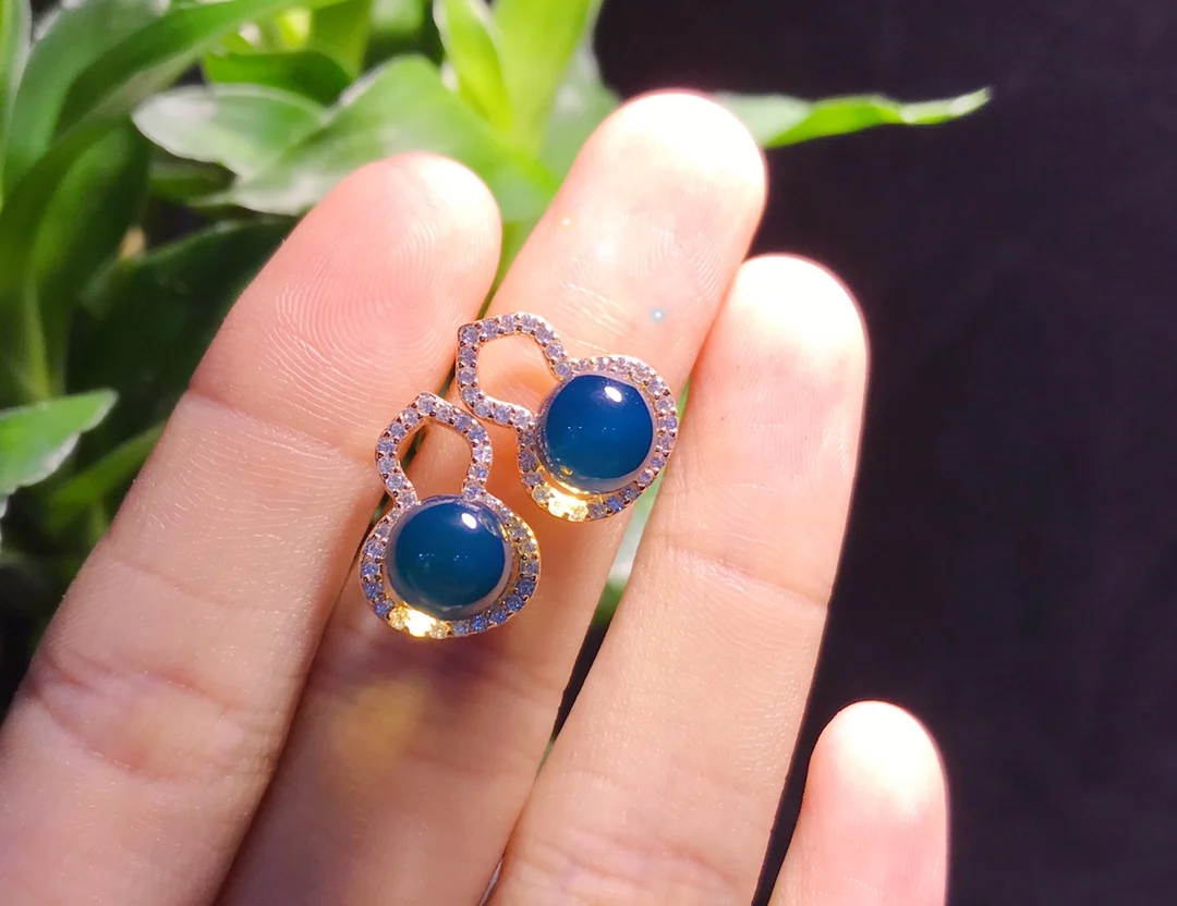 

bijoux femme stud earrings Mexican gold blue amber gourd earrings Really natural s925 sterling silver jewelry fashion earrings