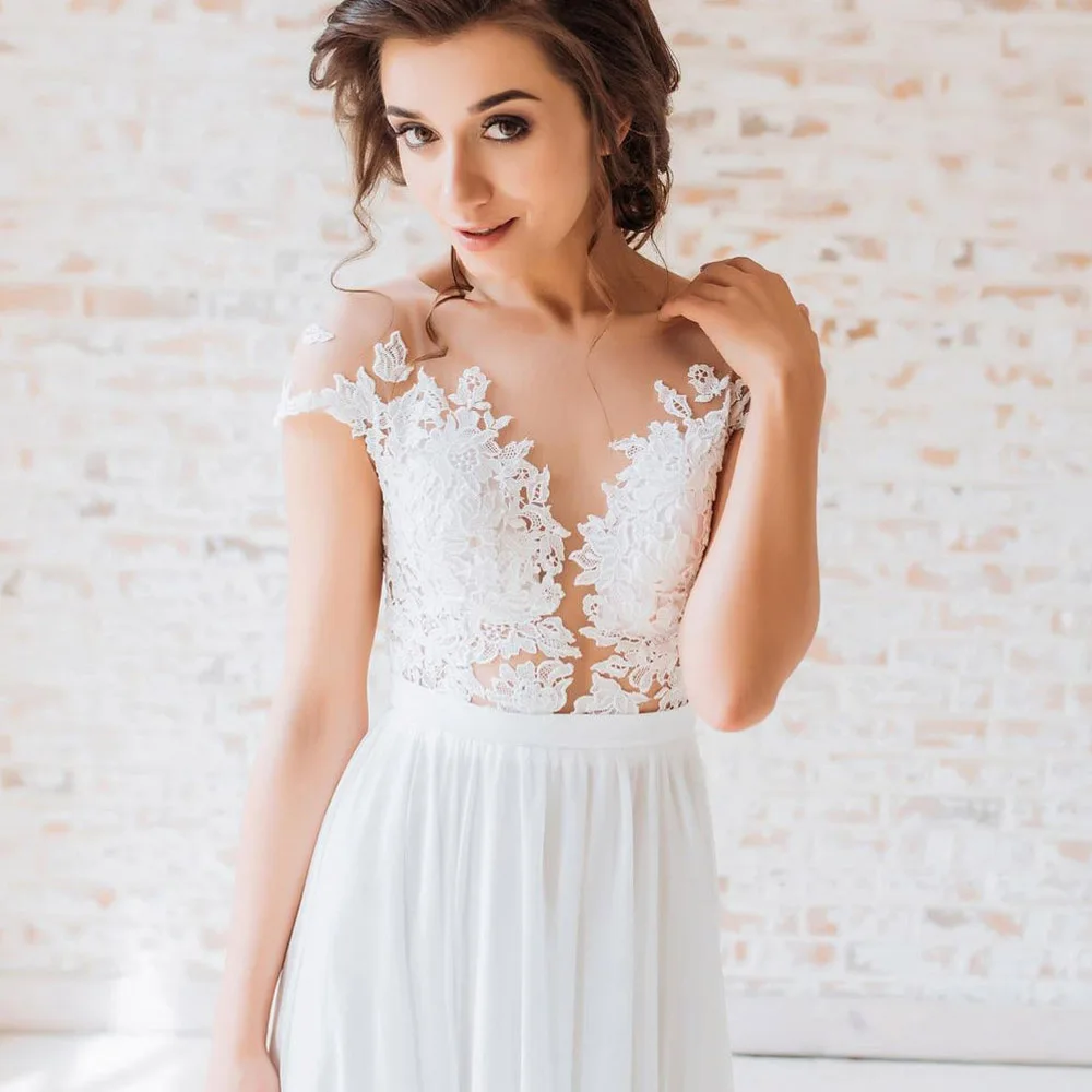 

Boho Wedding Dress 2021 Cap Sleeve Chiffon Beach Wedding Gowns Bohemian Side Slit vestidos de noiva Plus Size Lace trouwkleed