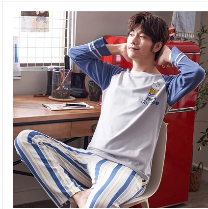 men pajama set Осенне-зимние мужские пижамы с длинными рукавами, хлопковые Пижамные комплекты в полоску с надписями и героями мультфильмов, повседневные мужские пижамы для отдыха и сна, L-XXXL Пижама - Цвет: men pajama set
