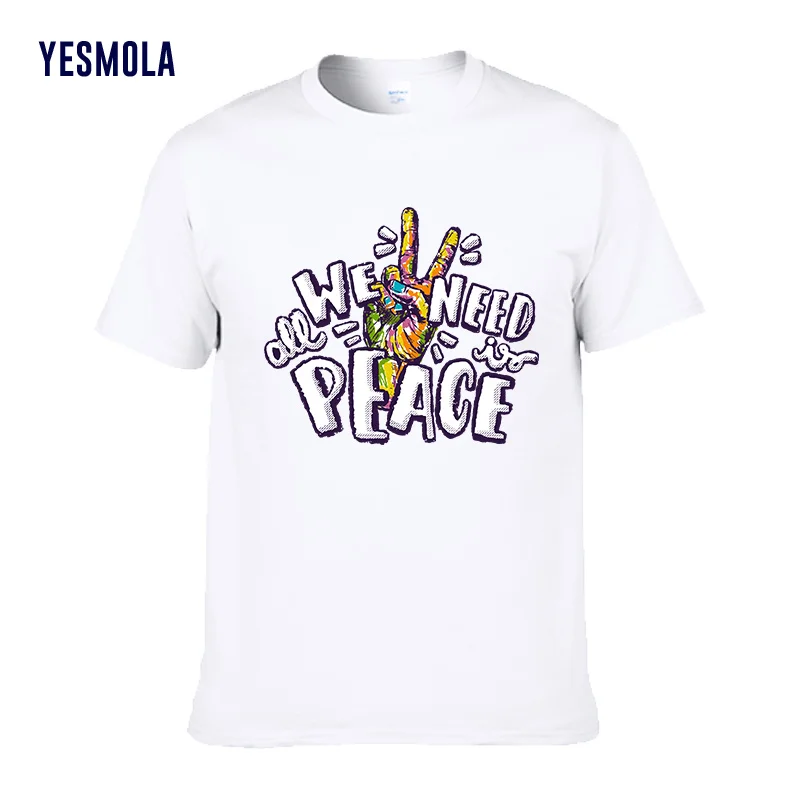 Купи YESMOLA Mens T-shirt Print Letter All We Need is Peace Shirt O-Neck Cotton Casual Tshirt Unisex Fashion Harajuku Graphic T Shirt за 769 рублей в магазине AliExpress