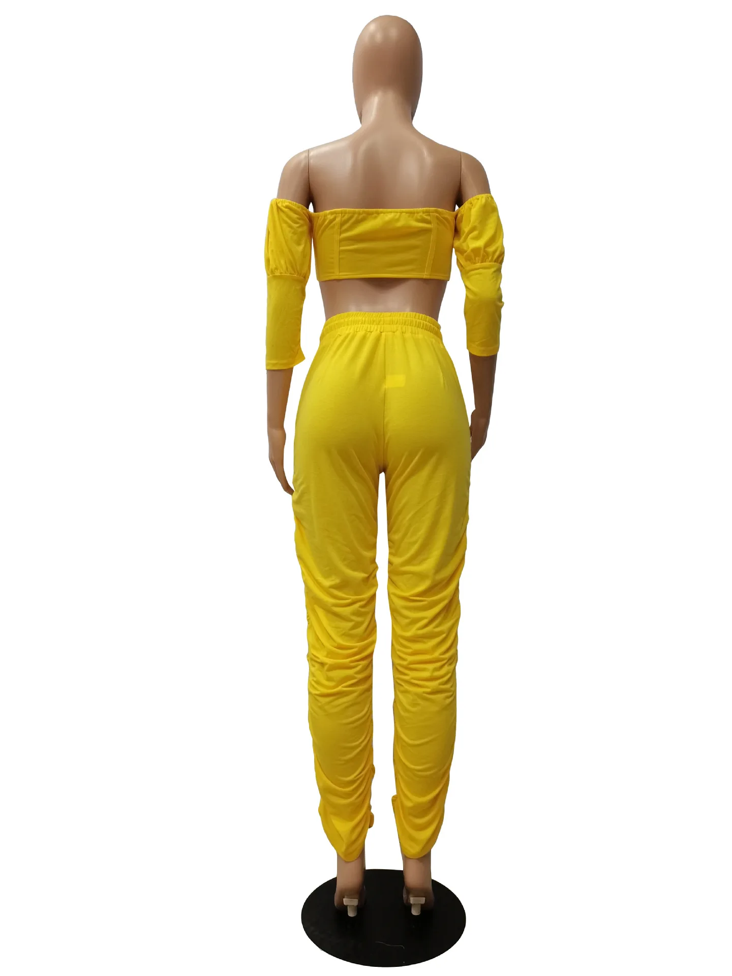 

Sexy strapless hidden breasted crop tops+stacked sweatpants matching sets Yellow white stacked leggings club outfits for women