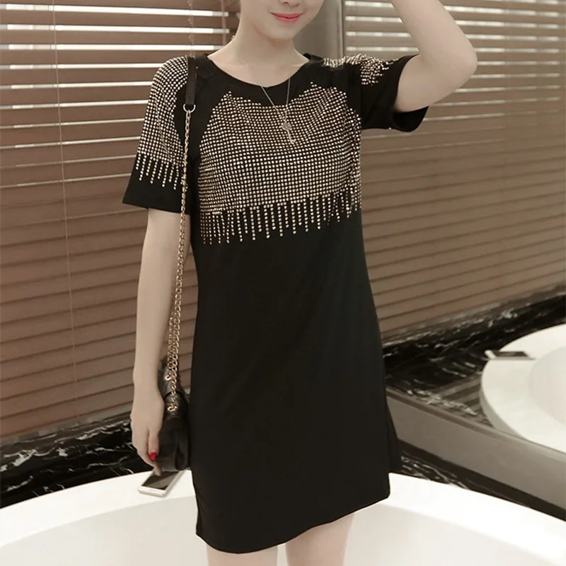 Women Summer Dresses 2022 Fashion Casual Short Sleeve Vestidos Sexy Rivet Diamonds Dress Shirt Loose Black Dress Plus Size XXXL