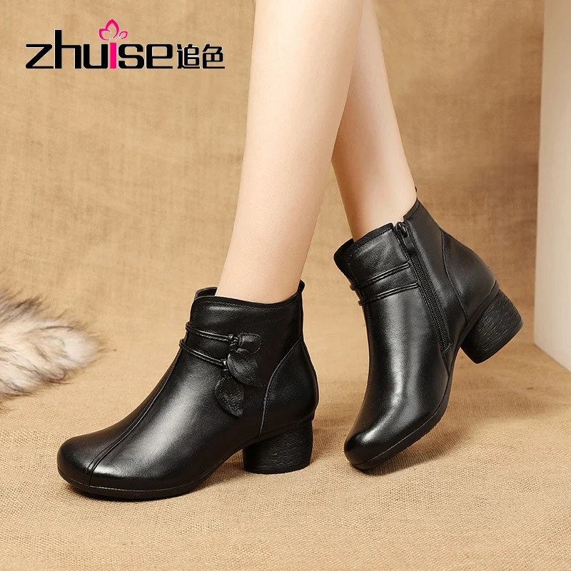 

ZHUISE 2020 Leather Women's Boots Winter Black Plus Velvet Thick Warm Women's Shoes Thick Med Heel Ankle Boots Women Size 40