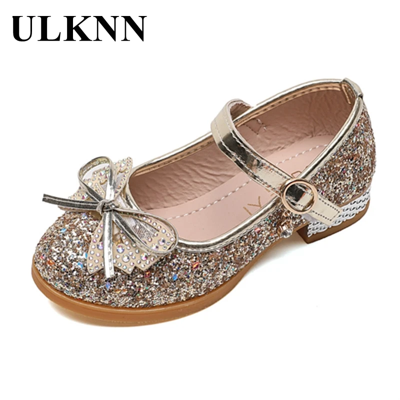 

ULKNN Princess Shoes For Girls Autumn 2021 New Rhinestone Little Girl Princess Gold Shoe Children Baby High Heel Leather Shoes