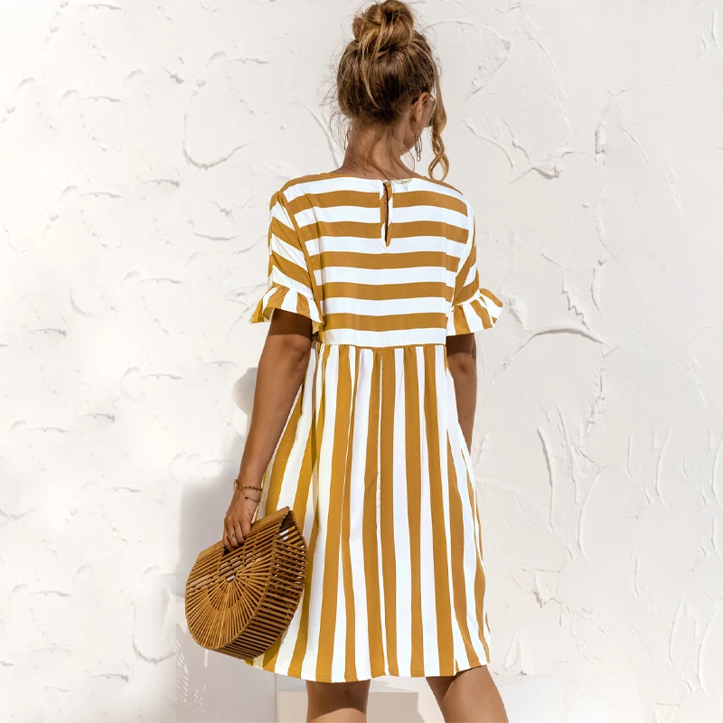 

GOPLUS 2021 Summer Women Elegant Ruffle Sleeve Striped Patchwork A Line Dress Casual High Waist O Neck Loose Pocket Beach Wear