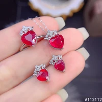 fine jewelry 925 pure silver inset with natural gemstone womens popular trendy heart ruby pendant ring earring set support dete