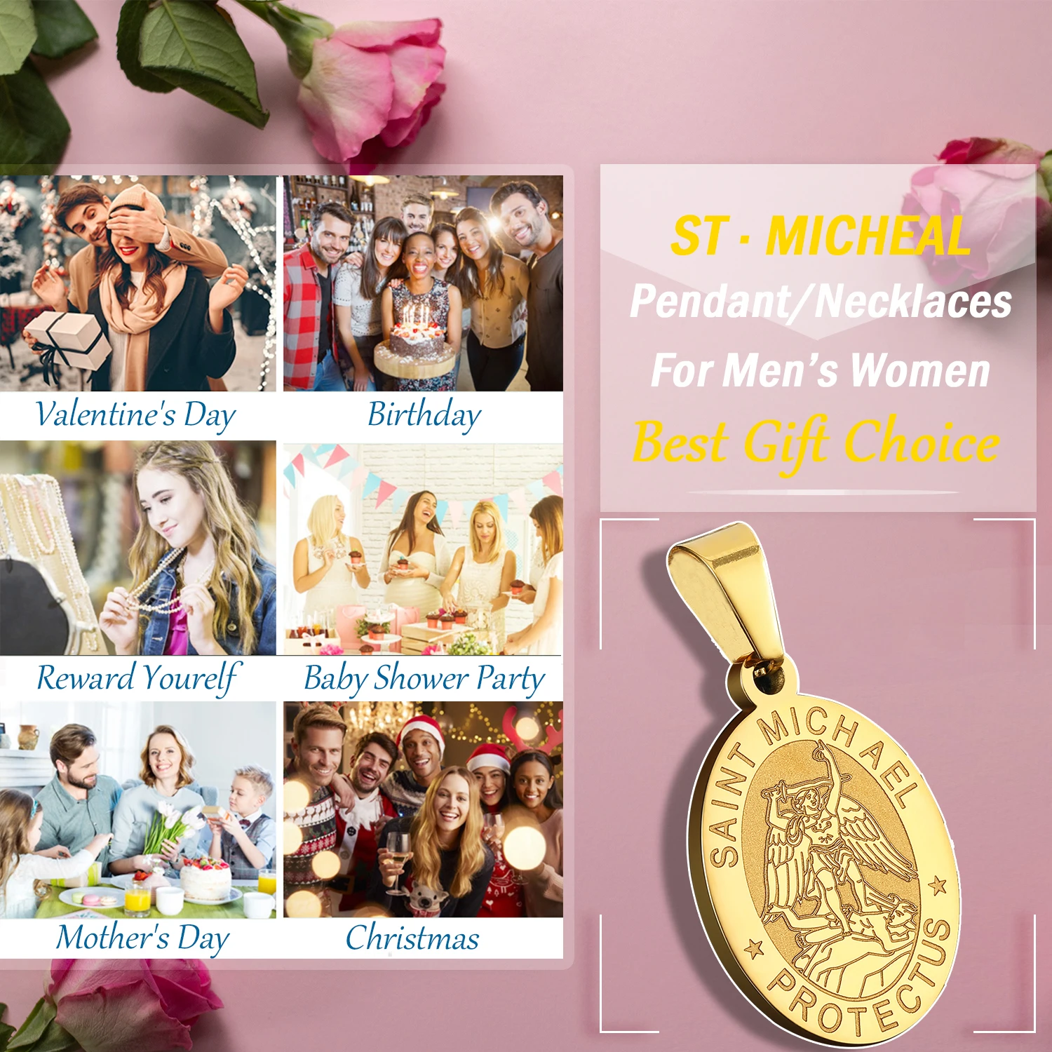 

Ascona Men's Gold Stainless Steel Amulet Necklace Catholic ST Saint Michael Pendant Safe Trip Traveler Fashion Jewelry