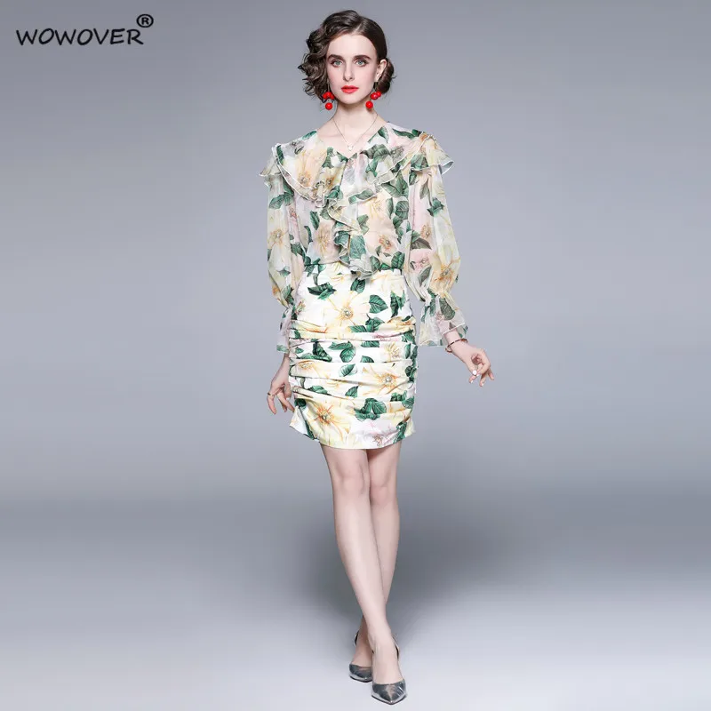 

Women Summer Dress Suit Runway Fashion Flare Sleeve Ruffles Chiffon Shirt and Pencil Skirt 2 Piece Set Party Office Outfit