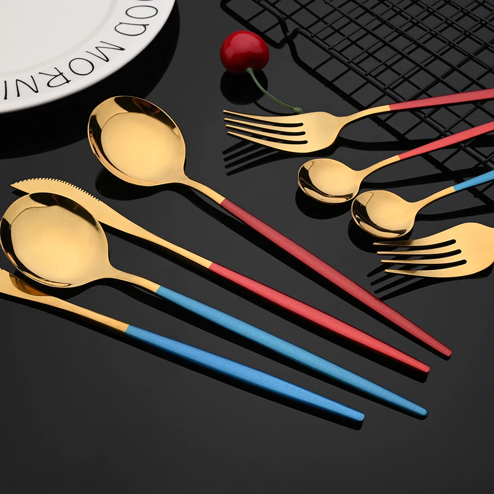 

Household luxury golden stainless steel tableware fork knife spoon set of 24 high-quality tableware children's wooden tableware