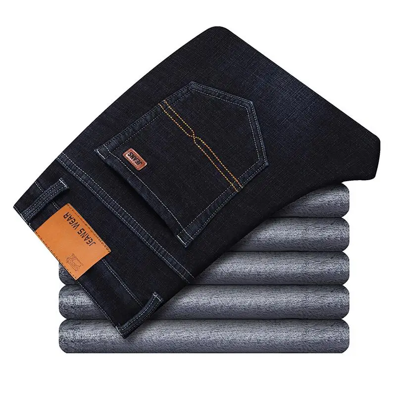Blue Black 1815 Зимние теплые фланелевые Стрейчевые джинсы для мужчин s, зимние качественные мужские флисовые штаны от известного бренда, прямые флокированные брюки, мужские джинсы - Цвет: Blue Black 1815